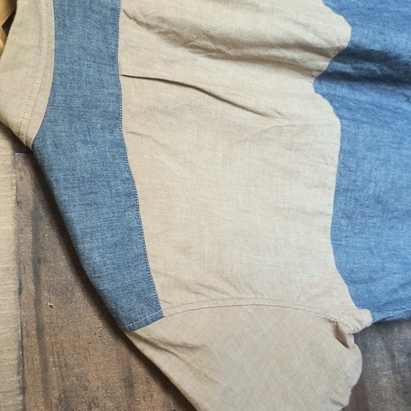J.Crew Chambray Beige And Denim Color Block Short Sleeve Popover Shirt Sz Med - Picture 8 of 15